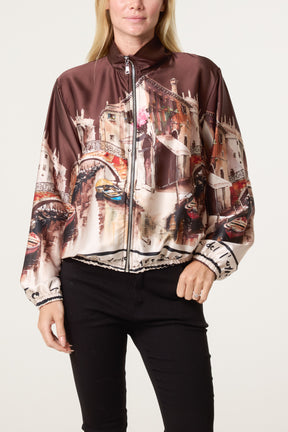 Abstract Satin Bomber Jacket