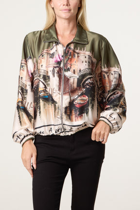 Abstract Satin Bomber Jacket