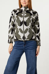 Camouflage Zip-Through Knit Cardigan