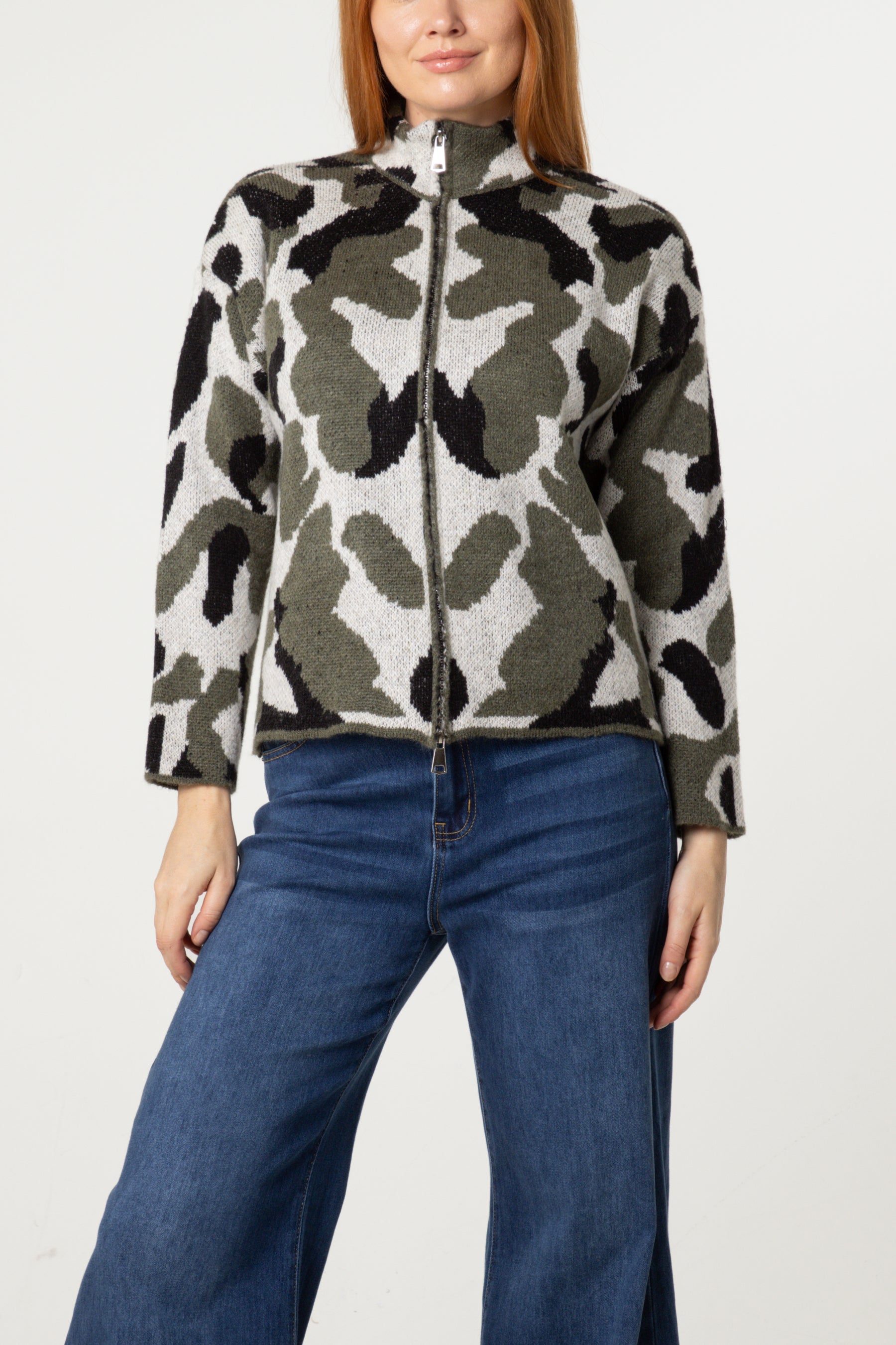 Camouflage Zip-Through Knit Cardigan