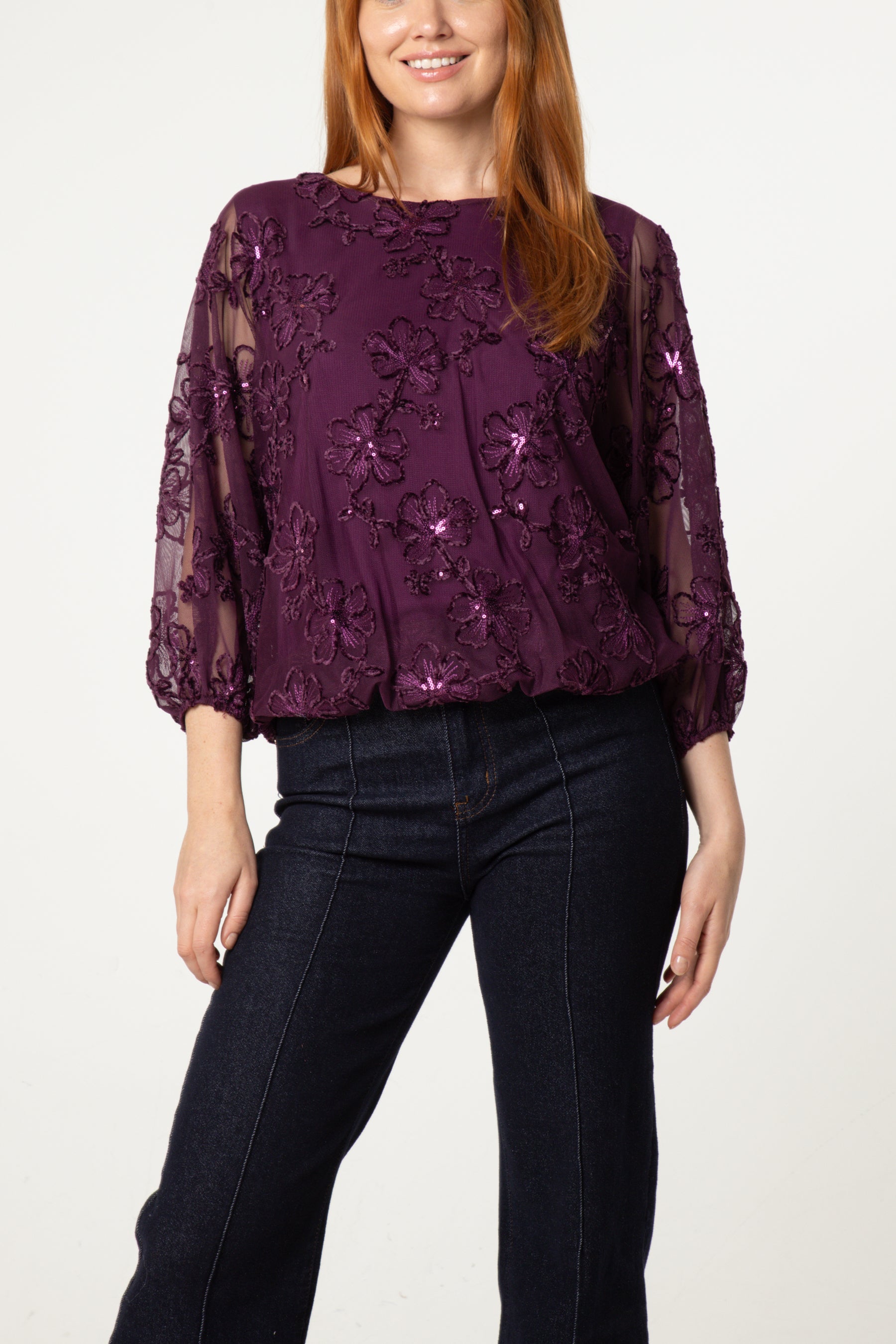 Embellished Floral Mesh Ballon Sleeve Blouse