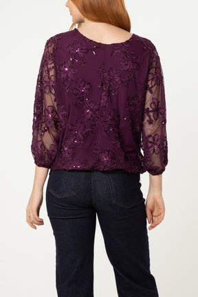 Embellished Floral Mesh Ballon Sleeve Blouse