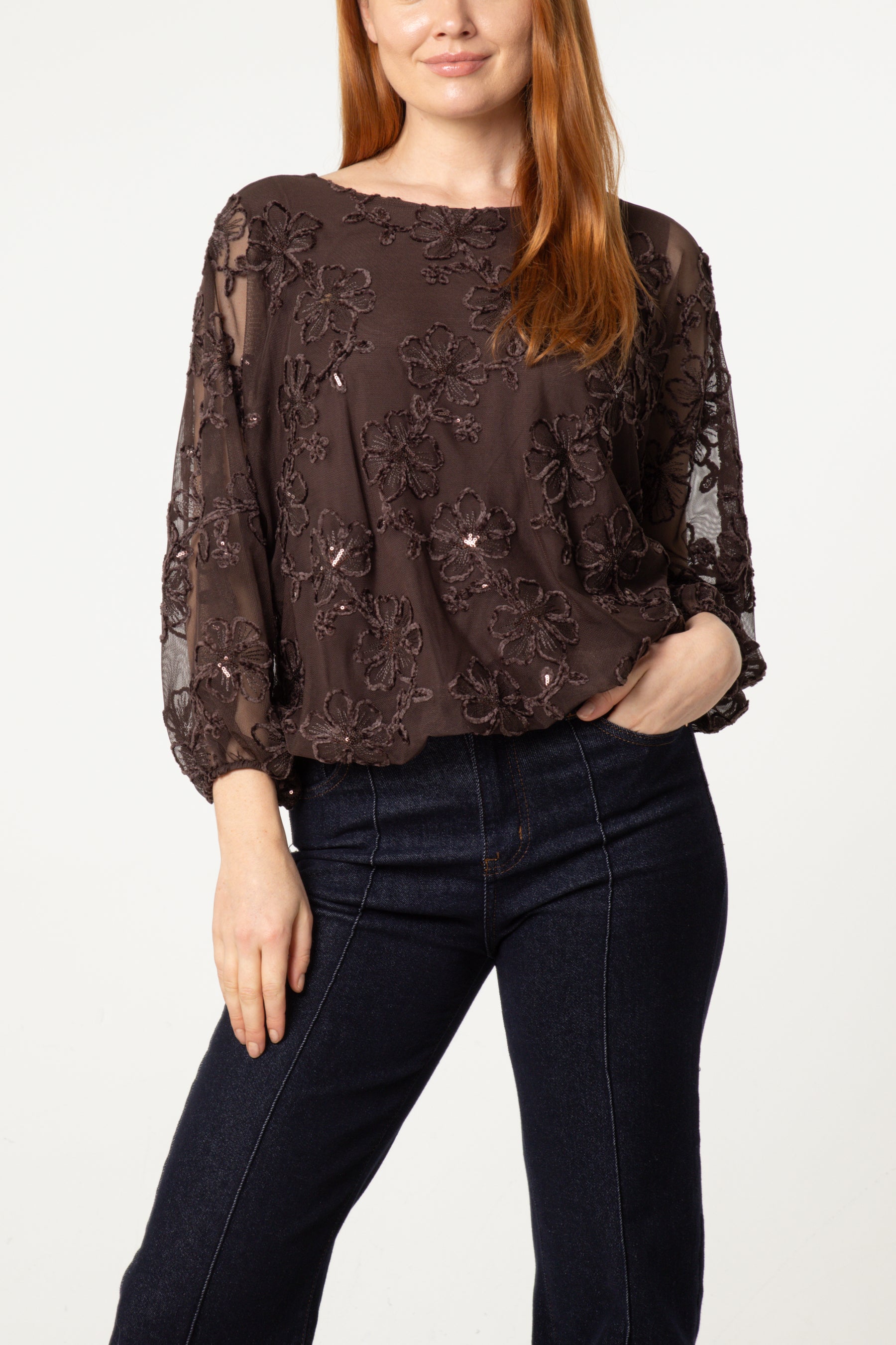 Embellished Floral Mesh Ballon Sleeve Blouse