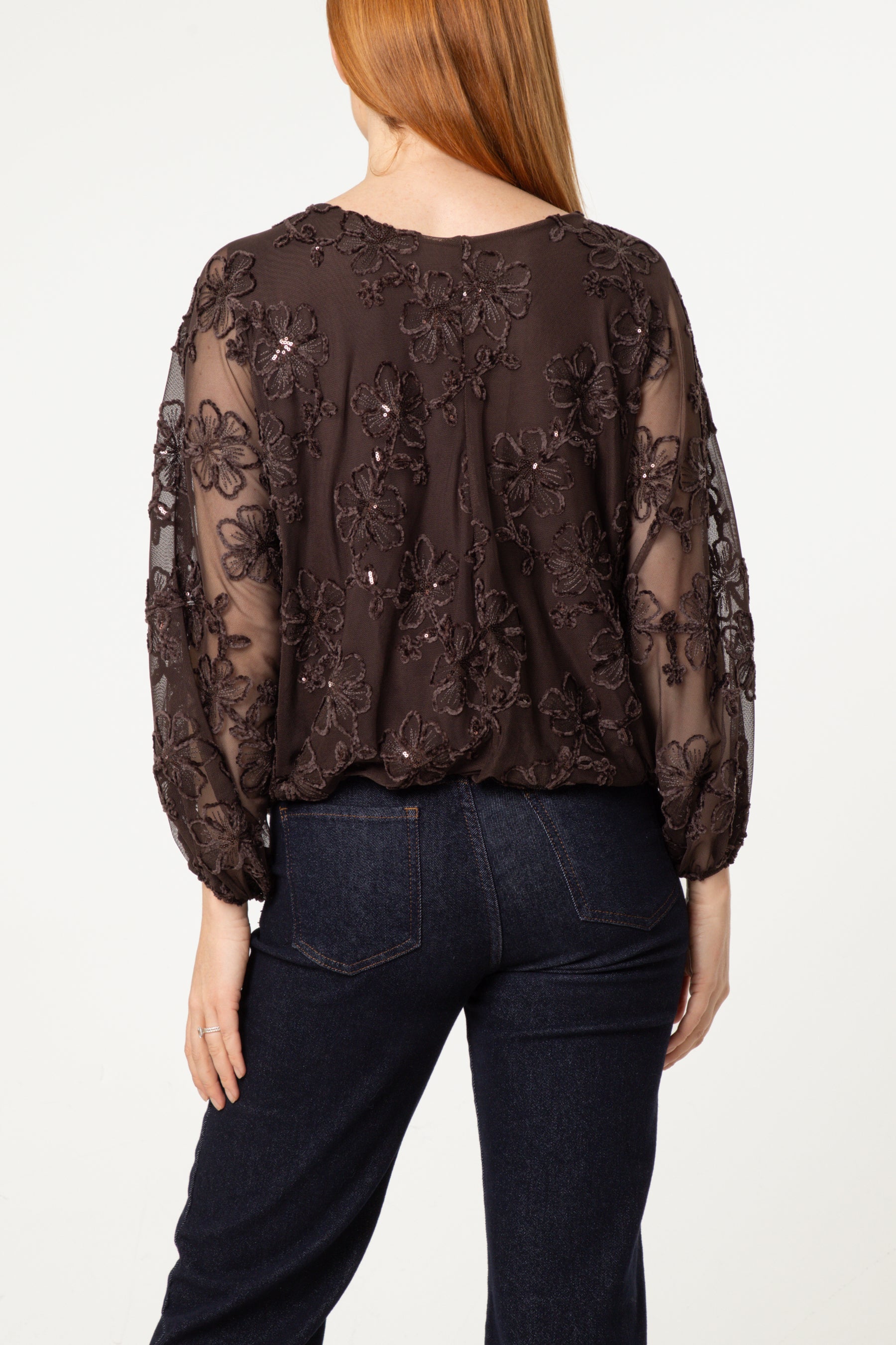 Embellished Floral Mesh Ballon Sleeve Blouse