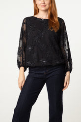 Embellished Floral Mesh Ballon Sleeve Blouse