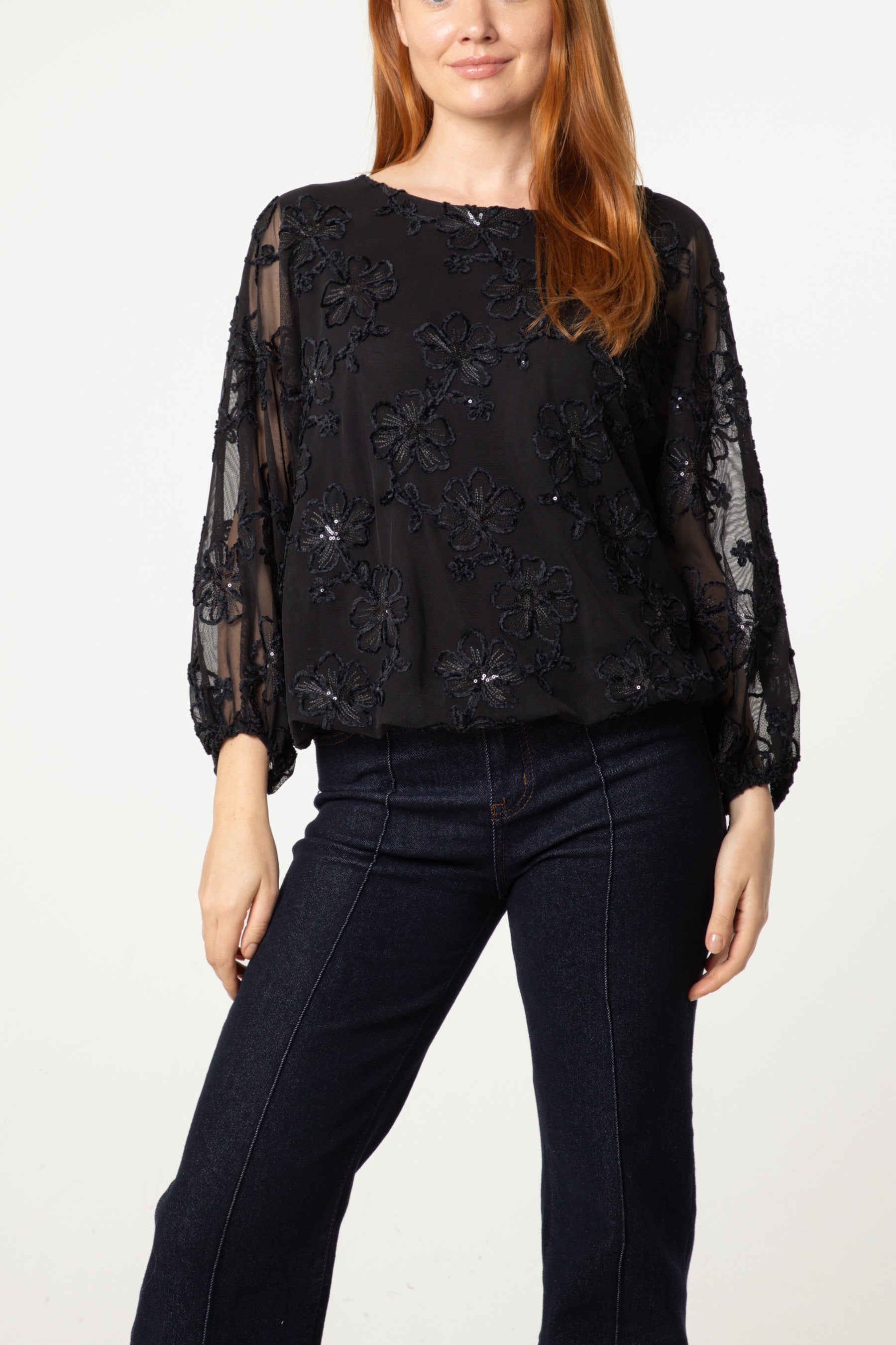 Embellished Floral Mesh Ballon Sleeve Blouse