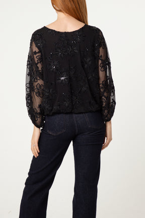 Embellished Floral Mesh Ballon Sleeve Blouse