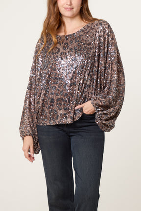 Leopard Sequin Batwing Top