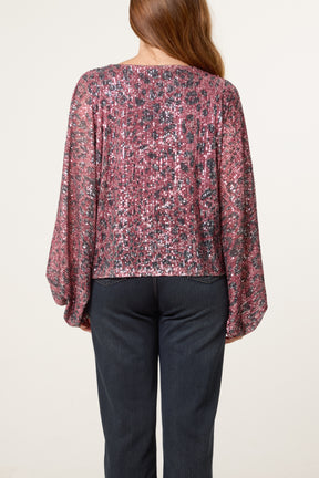 Leopard Sequin Batwing Top