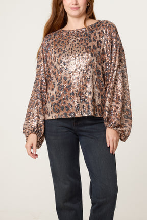 Leopard Sequin Batwing Top