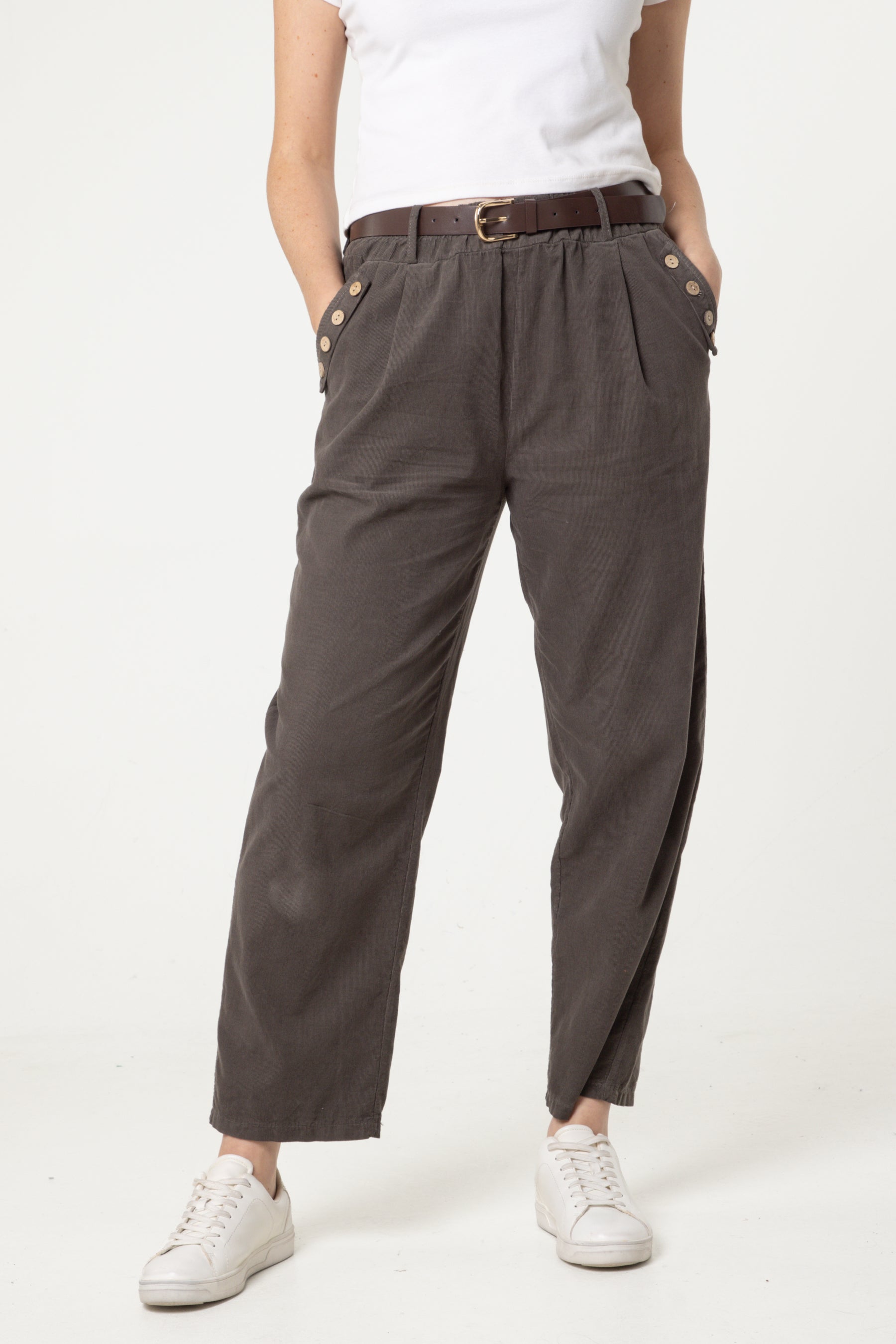 Corduroy Belted Button Pocket Trousers