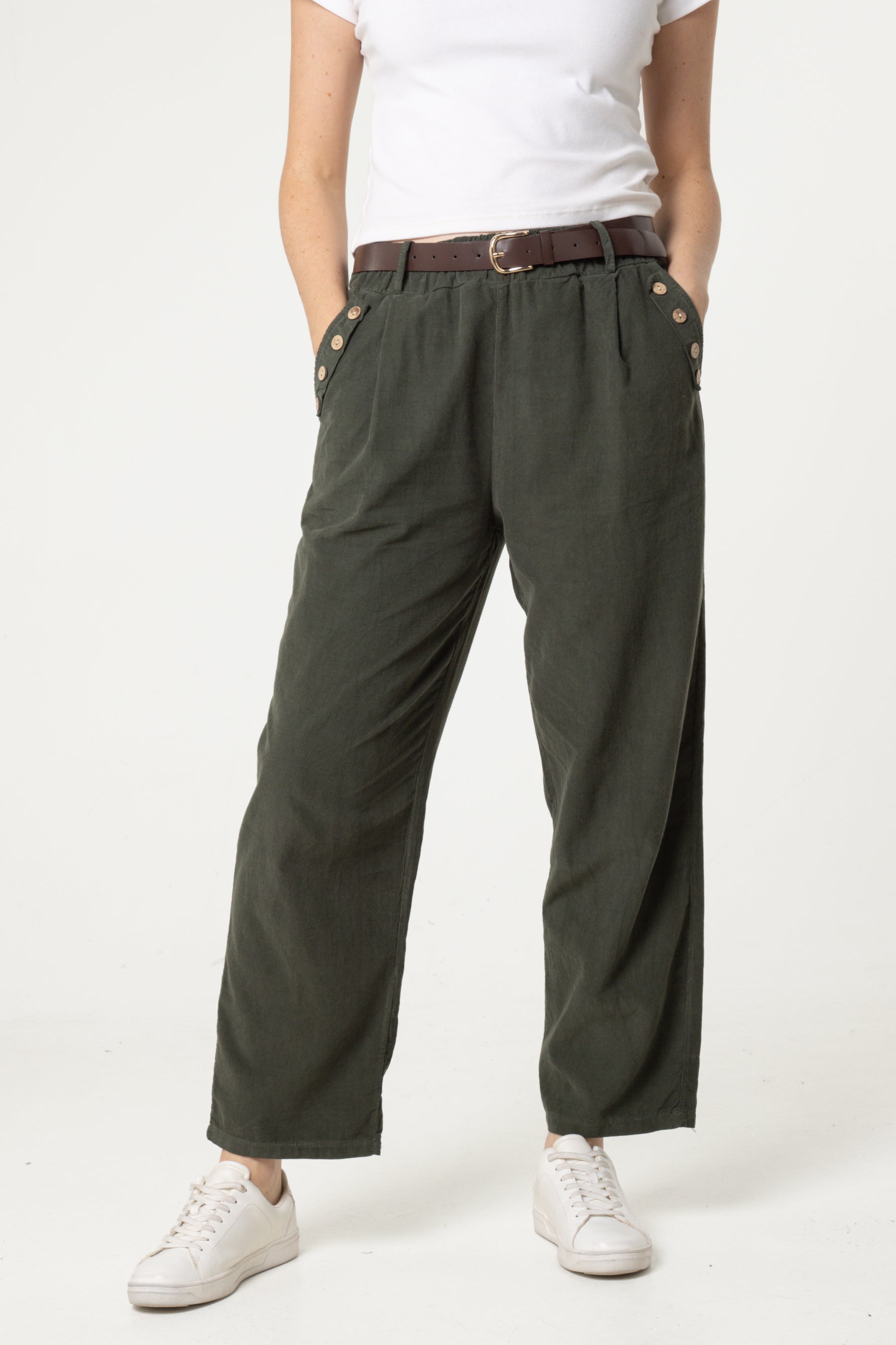 Corduroy Belted Button Pocket Trousers