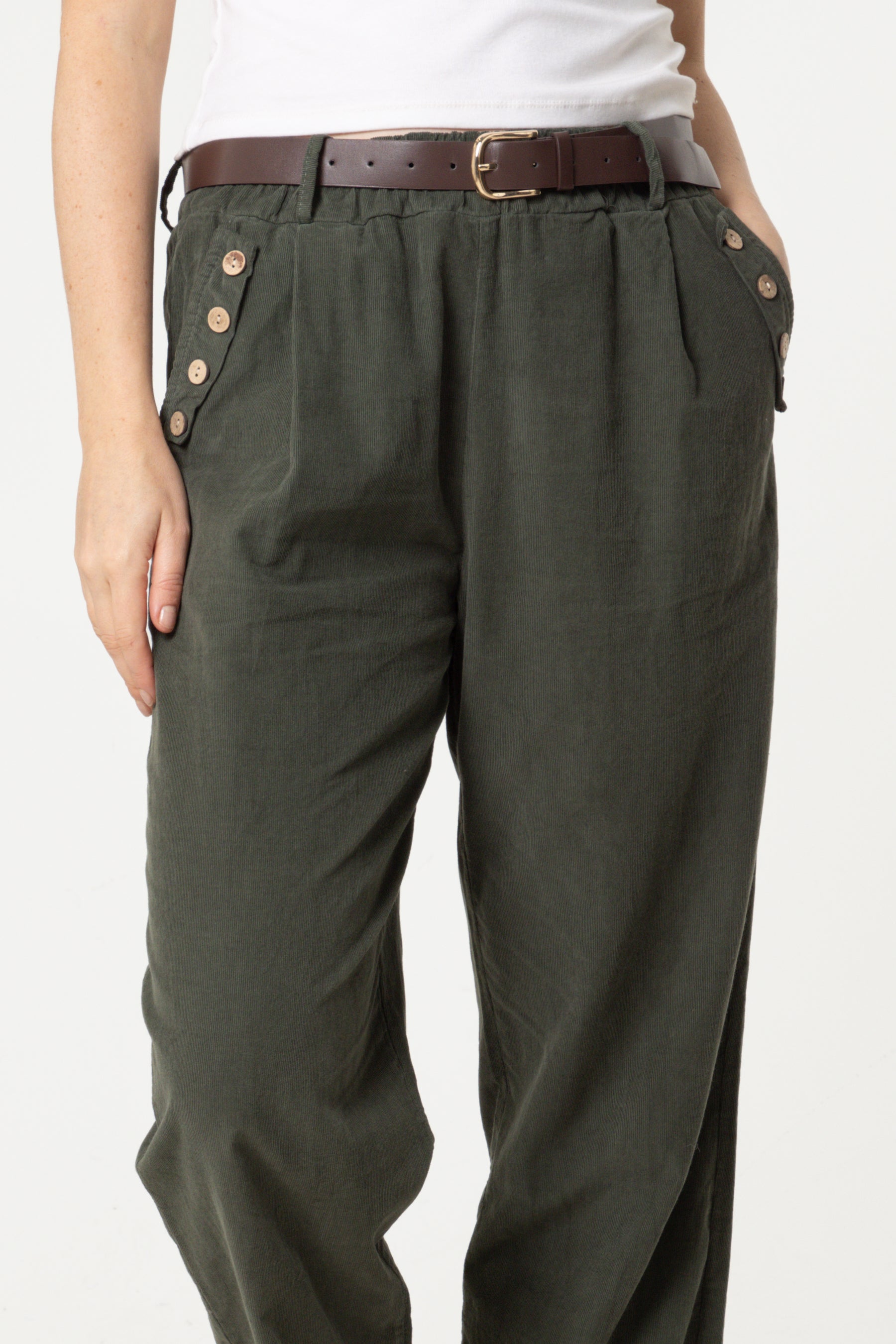 Corduroy Belted Button Pocket Trousers