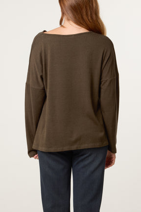 Draped Cowl Neck Long Sleeve Knit Top