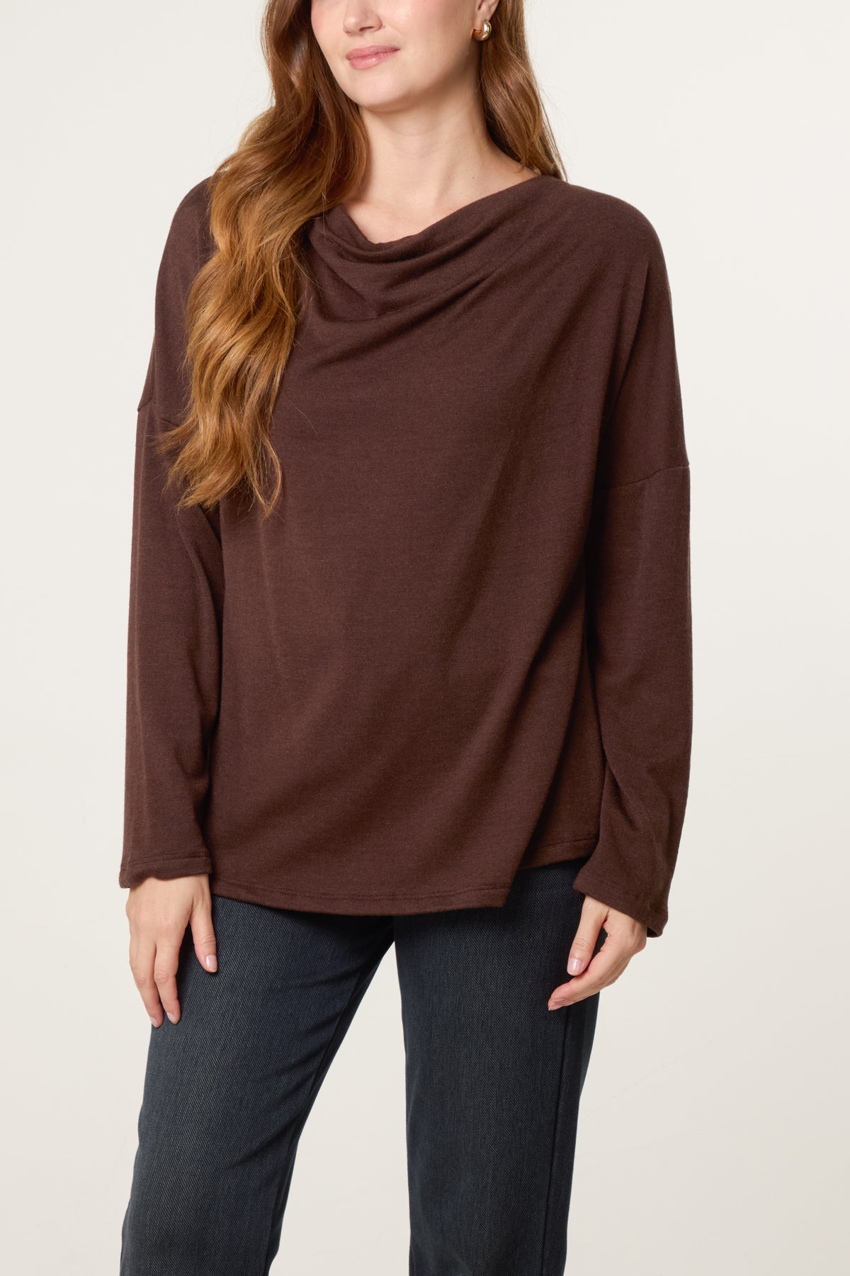 Draped Cowl Neck Long Sleeve Knit Top