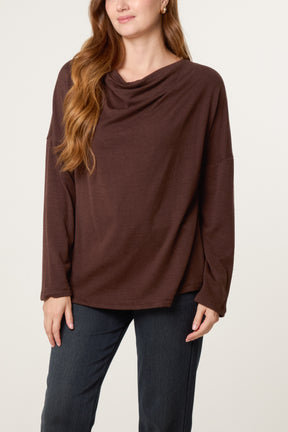 Draped Cowl Neck Long Sleeve Knit Top