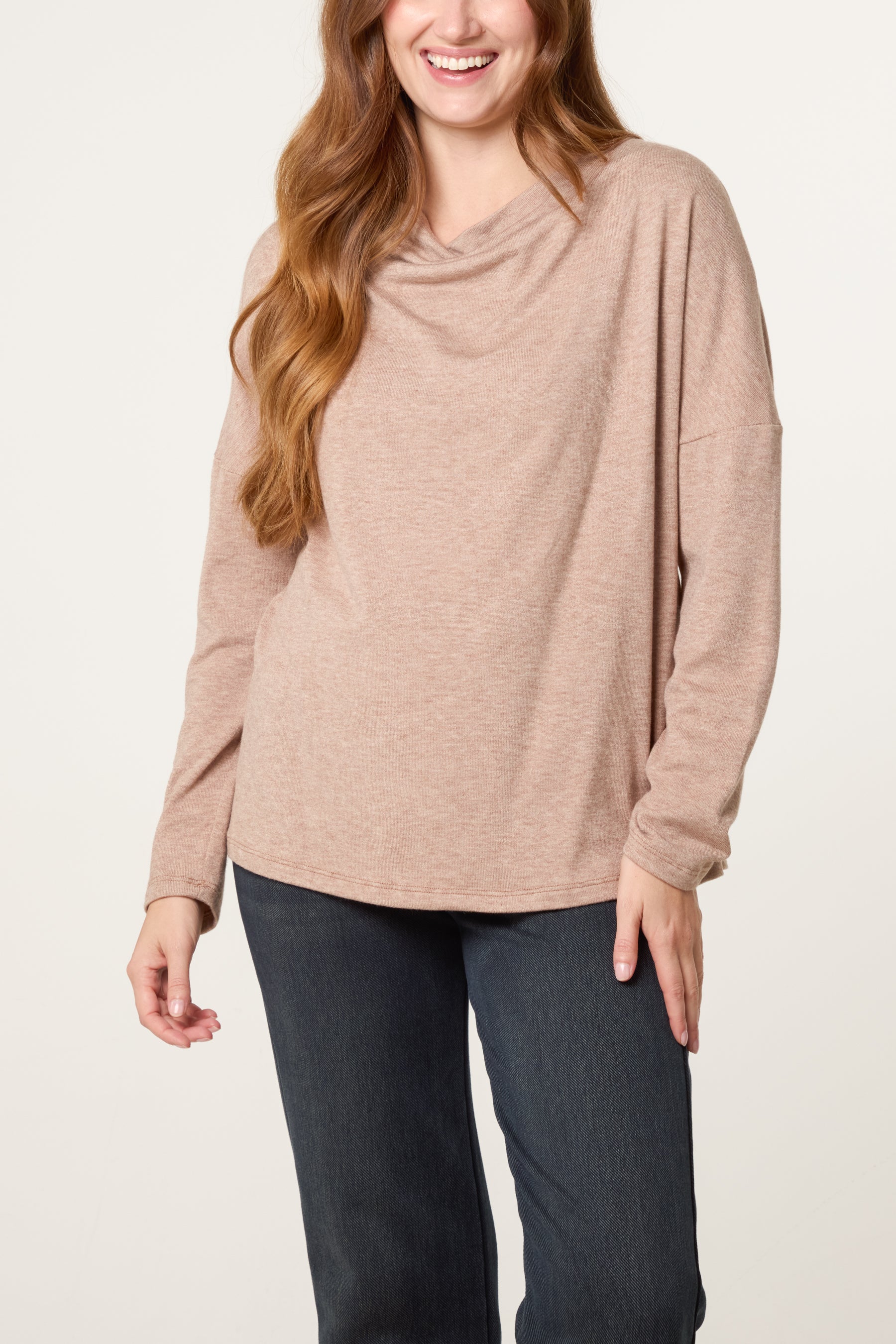Draped Cowl Neck Long Sleeve Knit Top