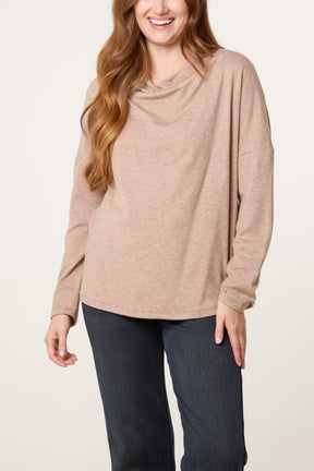 Draped Cowl Neck Long Sleeve Knit Top