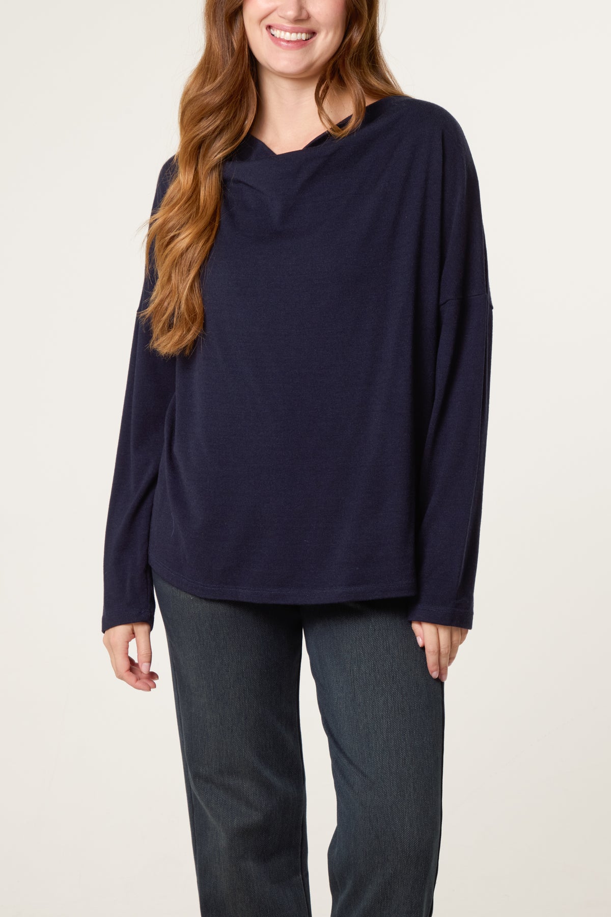 Draped Cowl Neck Long Sleeve Knit Top