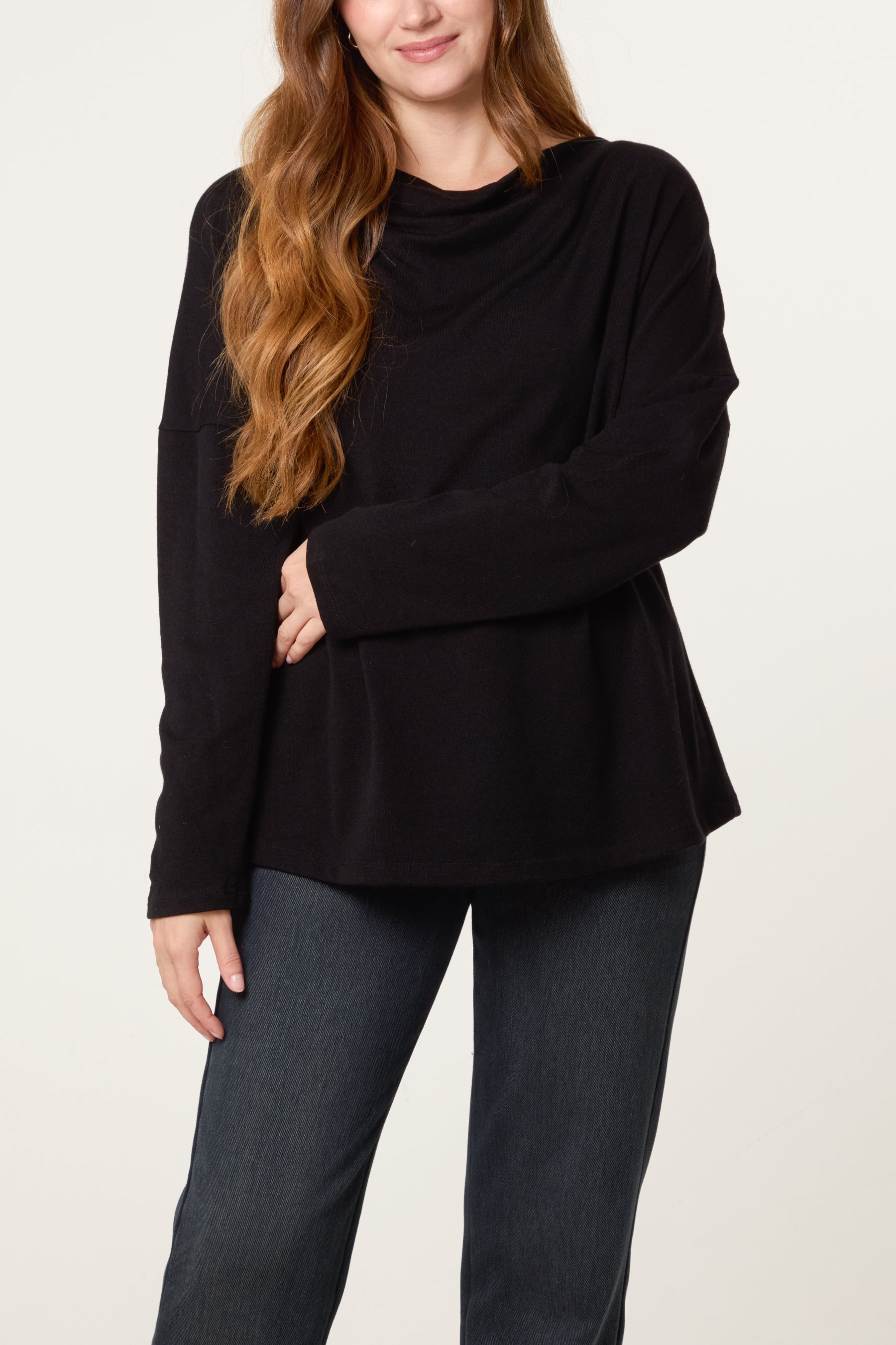 Draped Cowl Neck Long Sleeve Knit Top