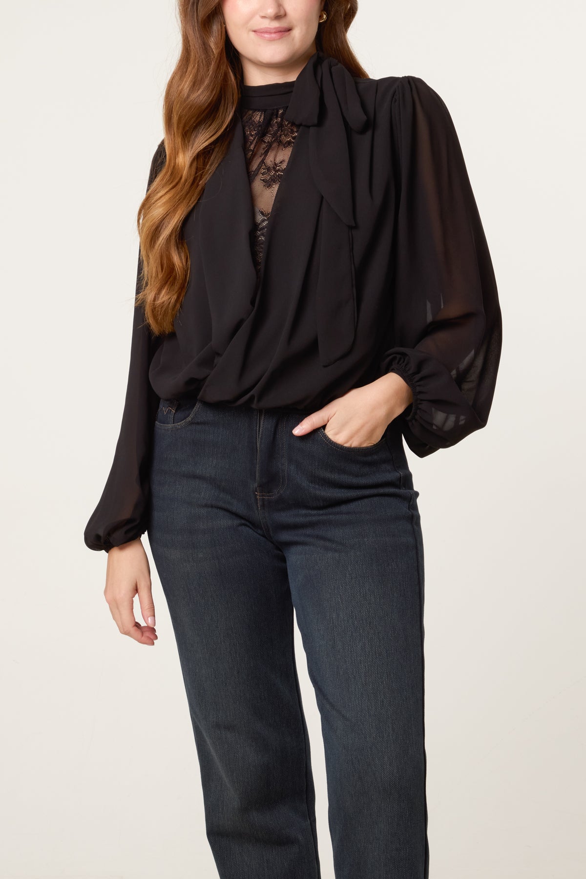 Neck Tie Lace Bubble Hem Blouse