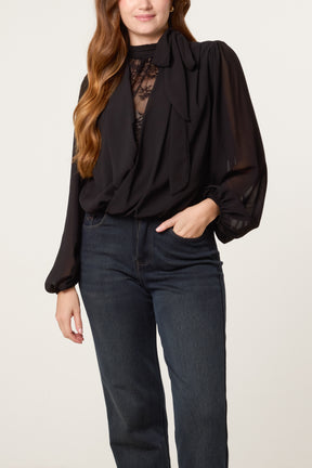 Neck Tie Lace Bubble Hem Blouse