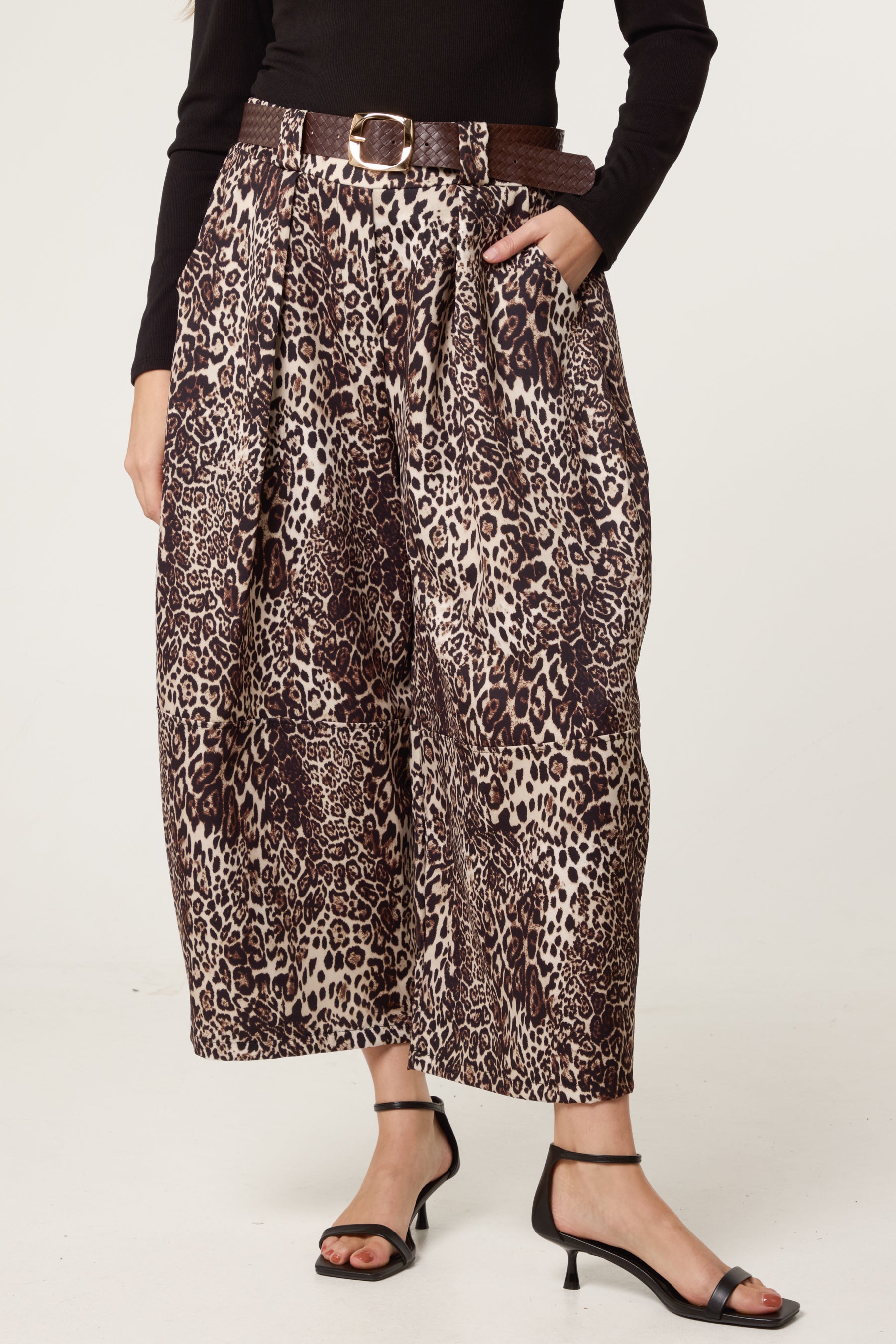 Leopard Print Belted Wide Leg Trousers