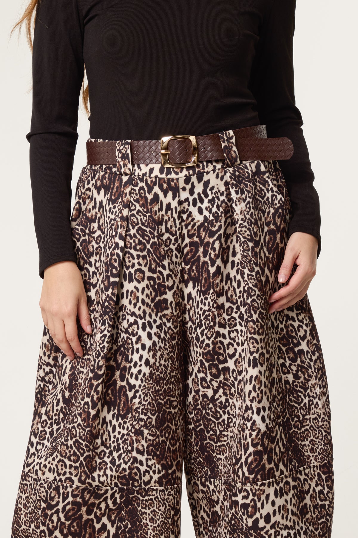 Leopard Print Belted Wide Leg Trousers