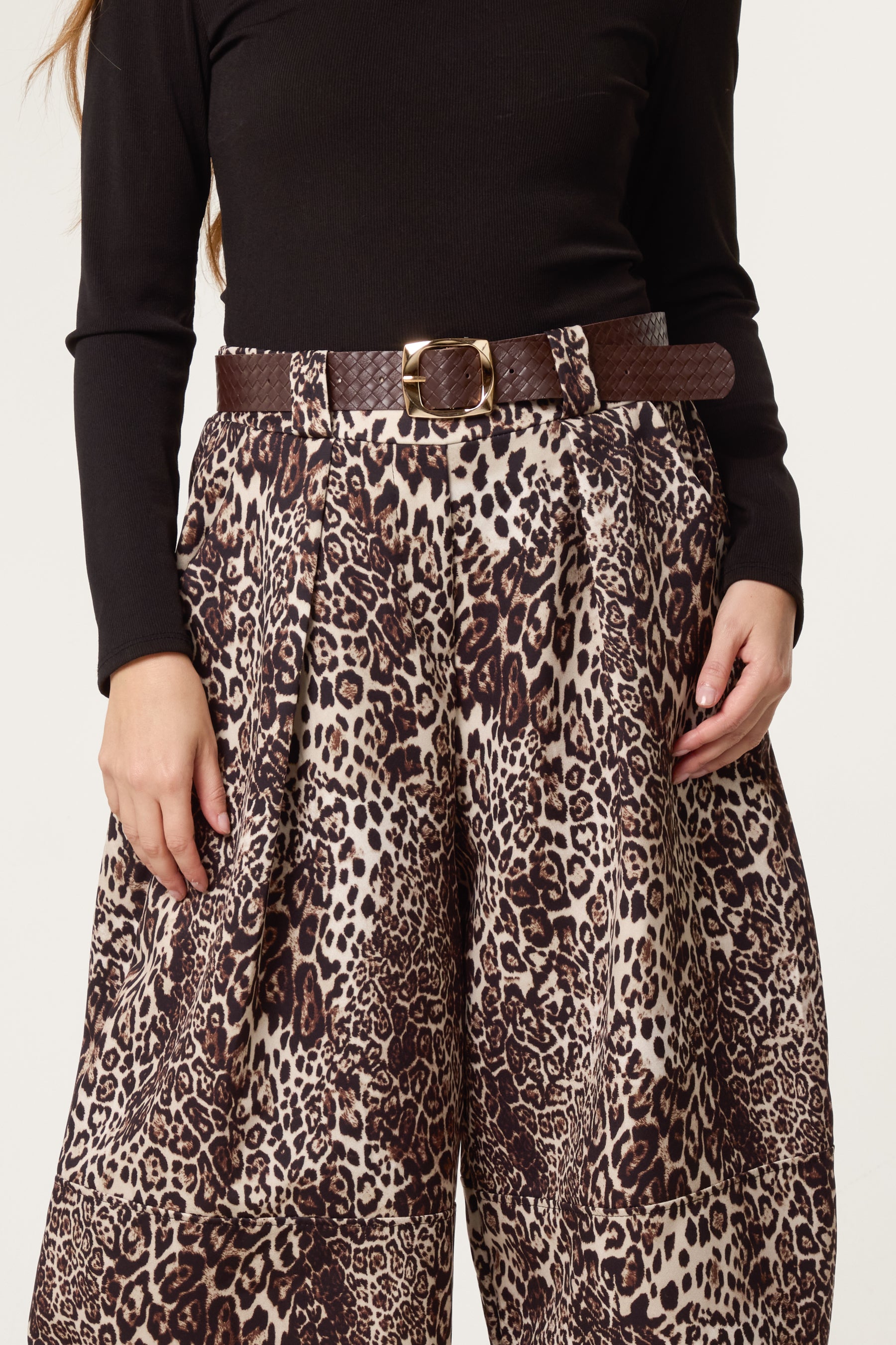 Leopard Print Belted Wide Leg Trousers