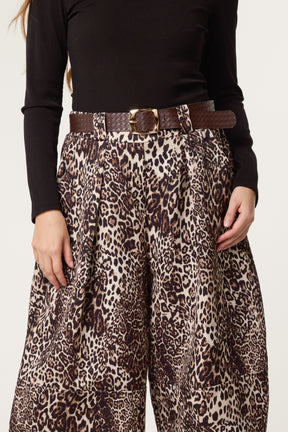 Leopard Print Belted Wide Leg Trousers