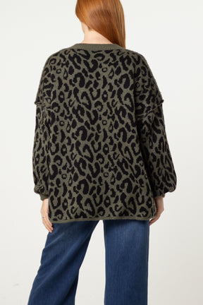 Oversized V-Neck Leopard Knit Jumper