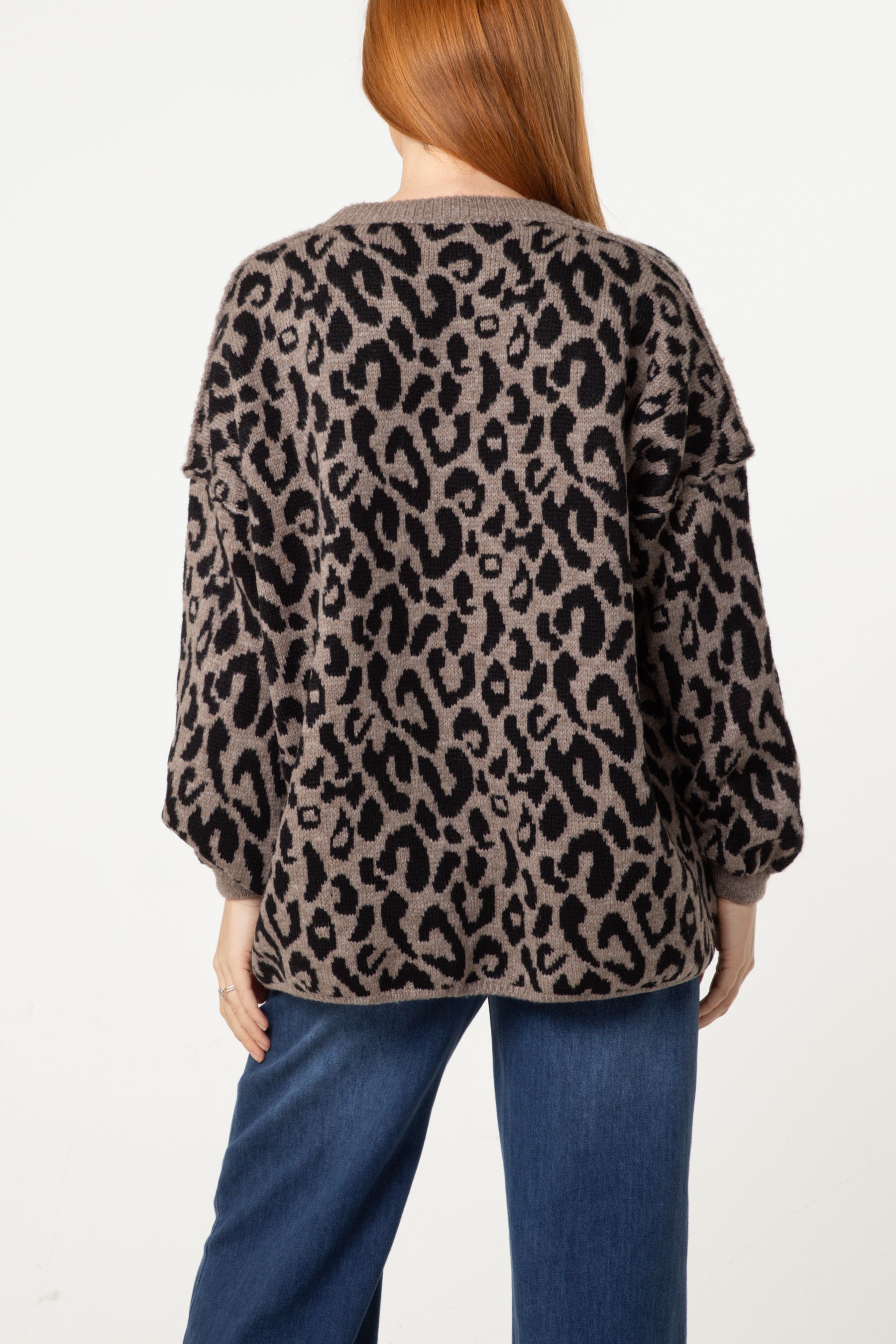Oversized V-Neck Leopard Knit Jumper