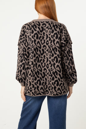 Oversized V-Neck Leopard Knit Jumper
