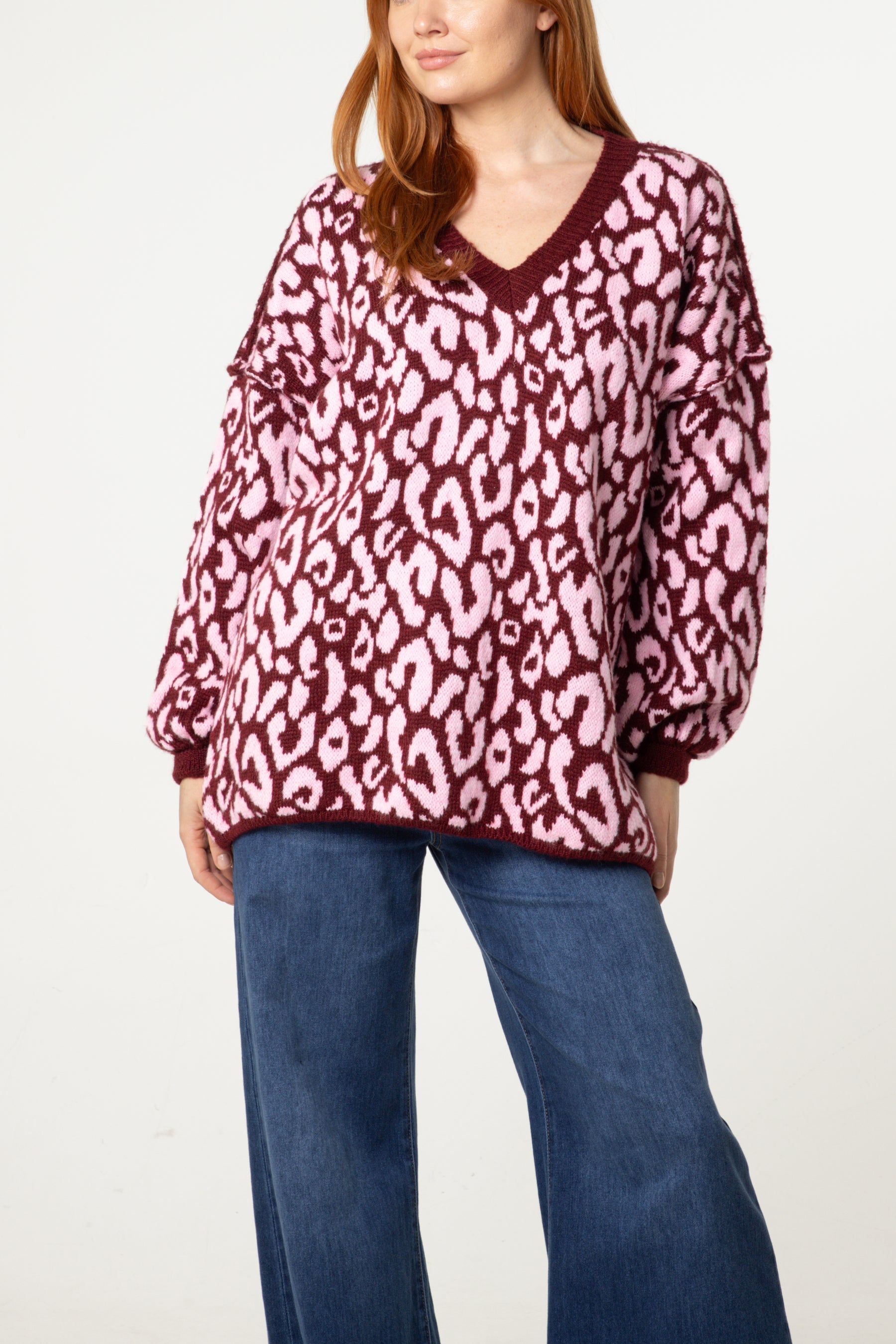 Oversized V-Neck Leopard Knit Jumper