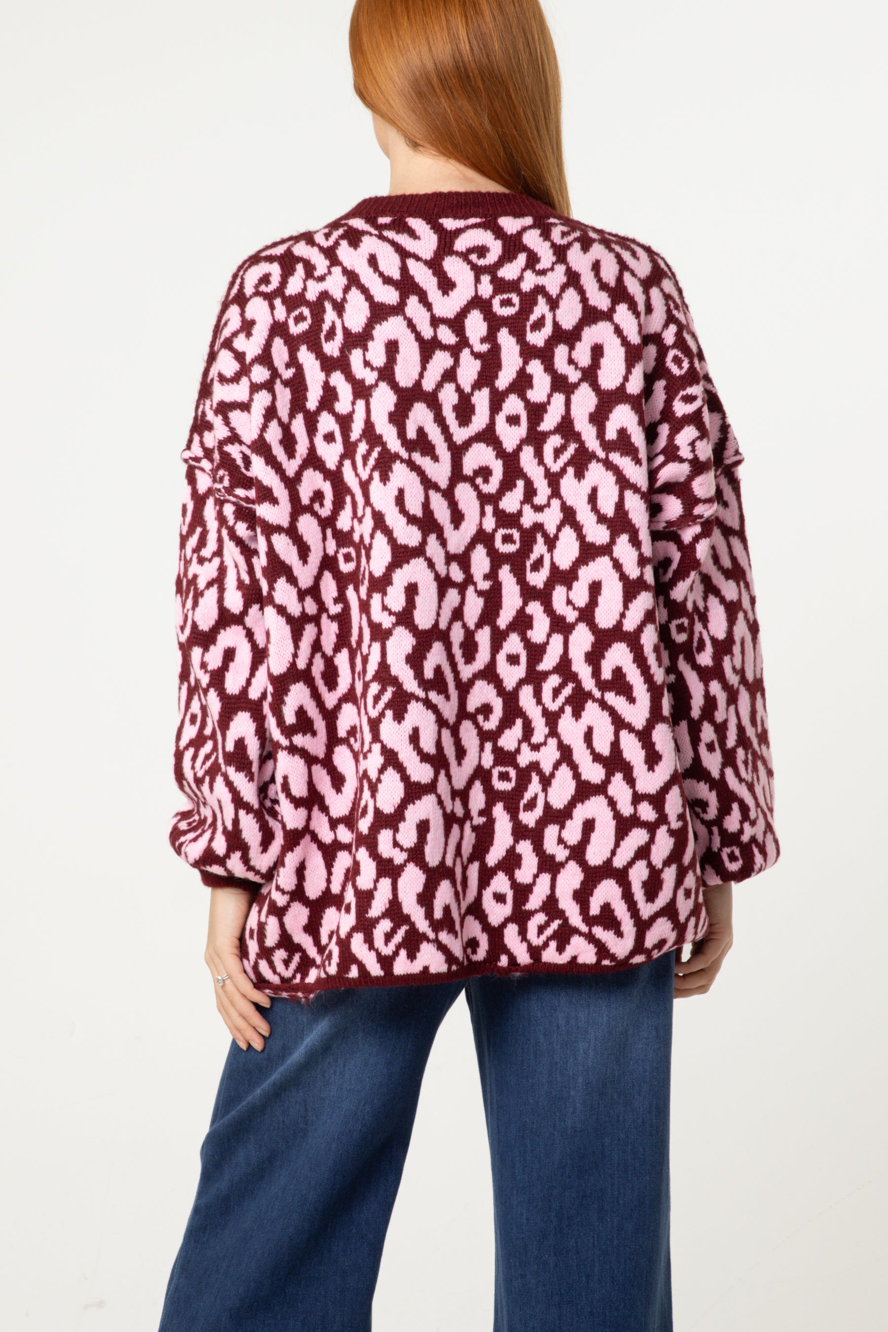 Oversized V-Neck Leopard Knit Jumper