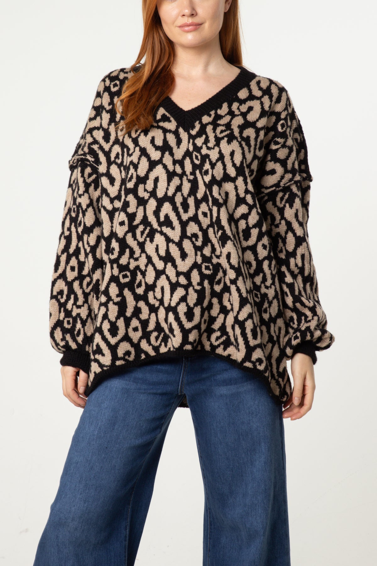 Oversized V-Neck Leopard Knit Jumper