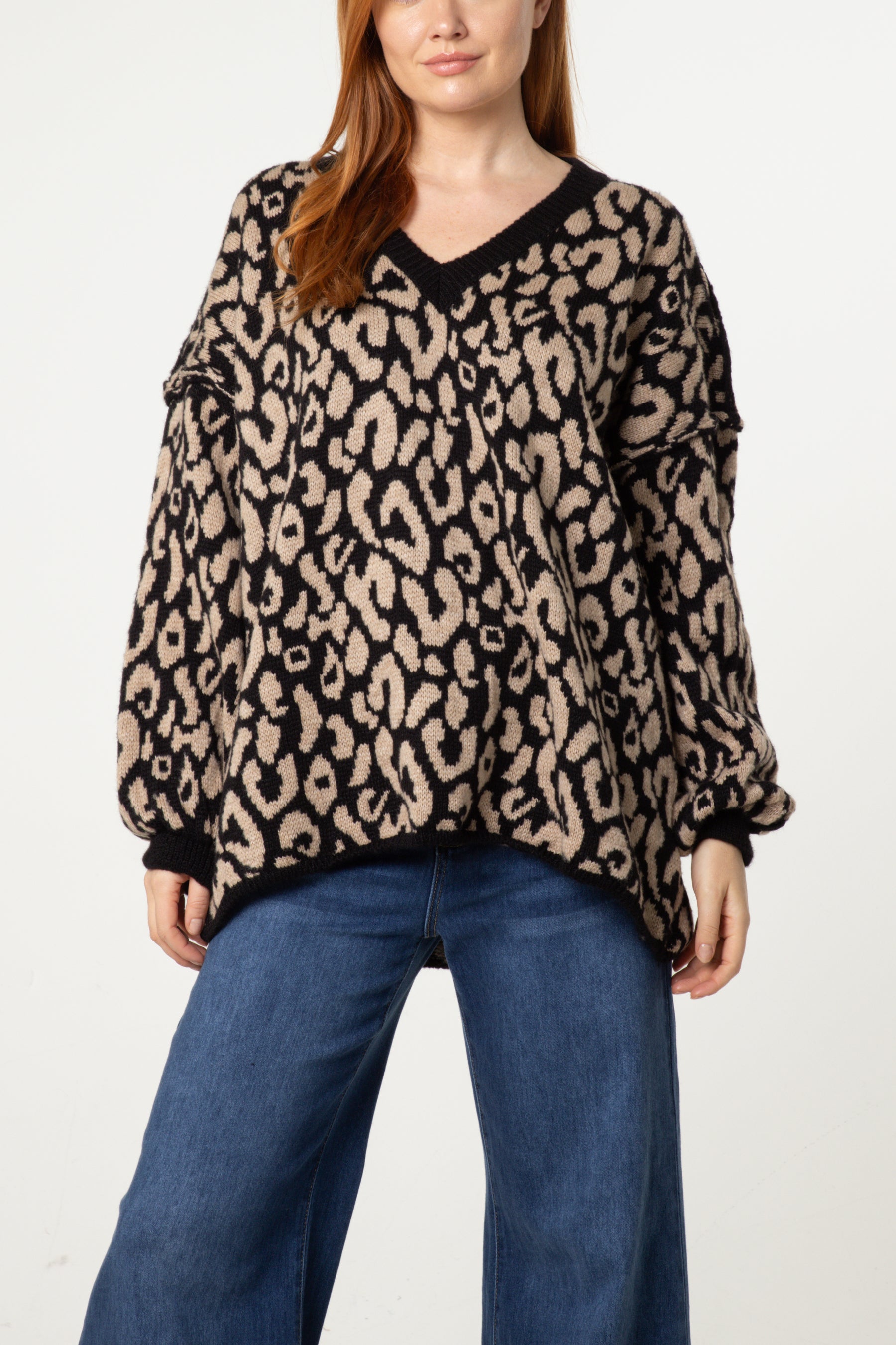 Oversized V-Neck Leopard Knit Jumper
