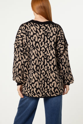 Oversized V-Neck Leopard Knit Jumper