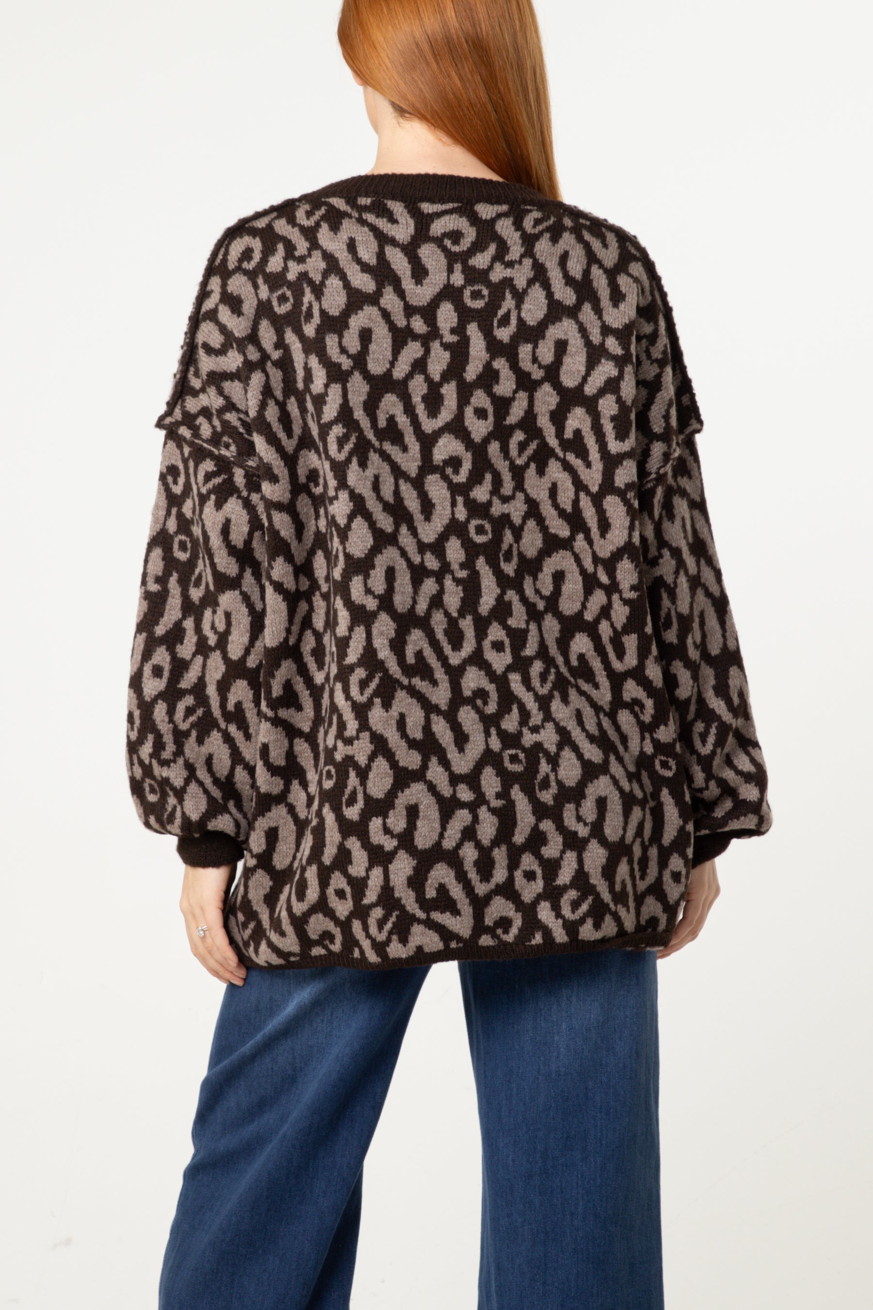 Oversized V-Neck Leopard Knit Jumper