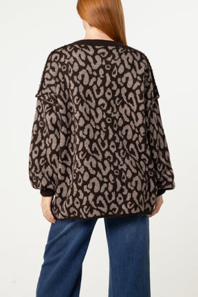 Oversized V-Neck Leopard Knit Jumper