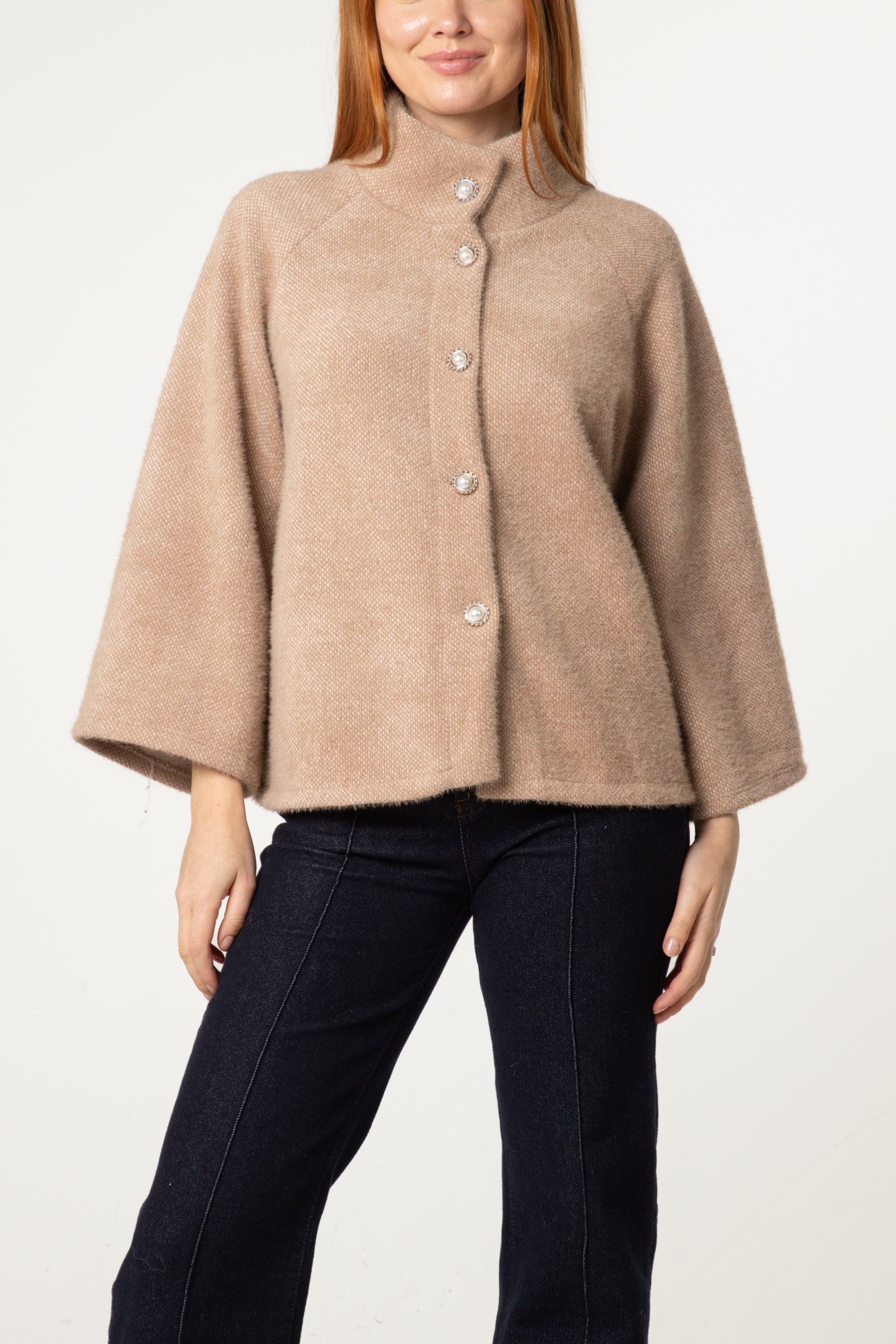 Pearl Button Funnel Neck Knit Cardigan