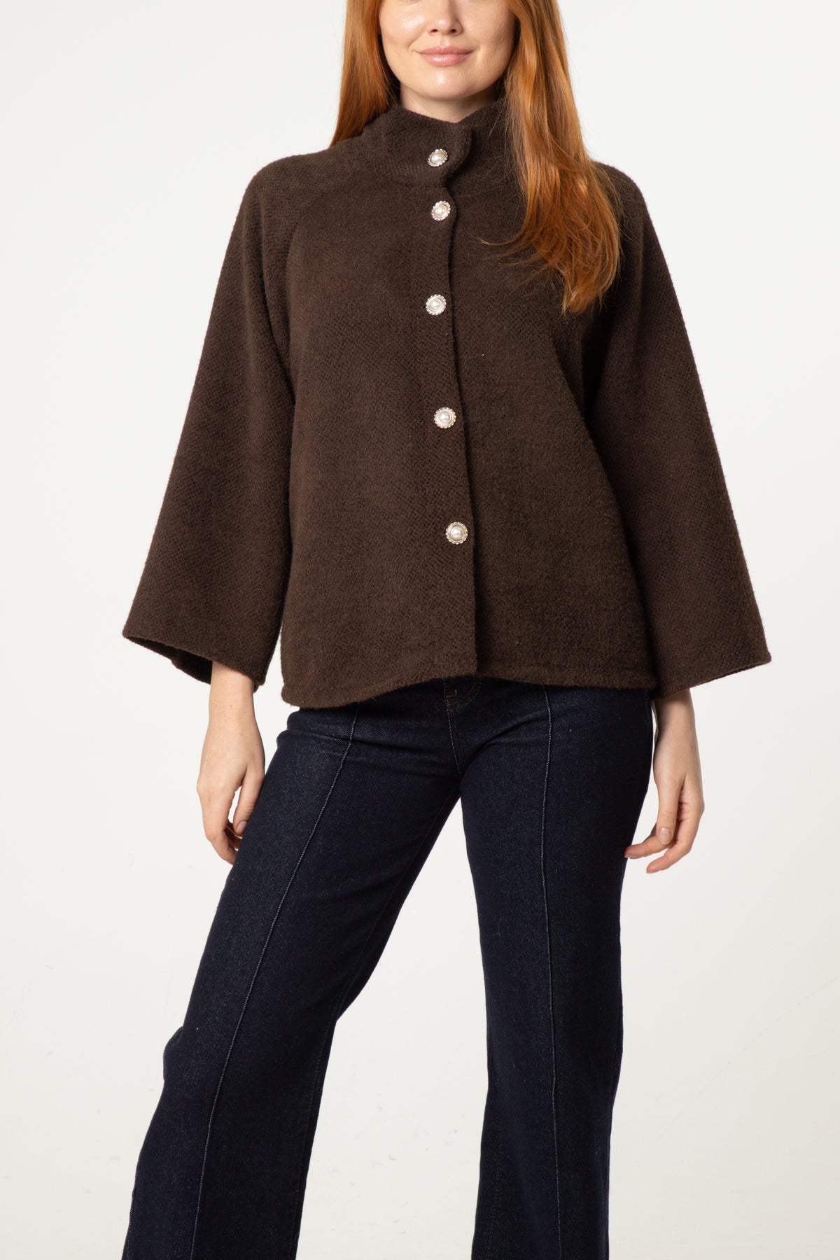 Pearl Button Funnel Neck Knit Cardigan