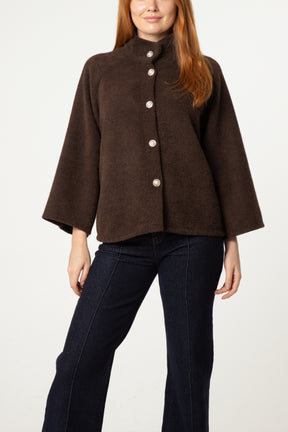 Pearl Button Funnel Neck Knit Cardigan