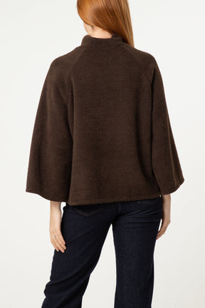 Pearl Button Funnel Neck Knit Cardigan