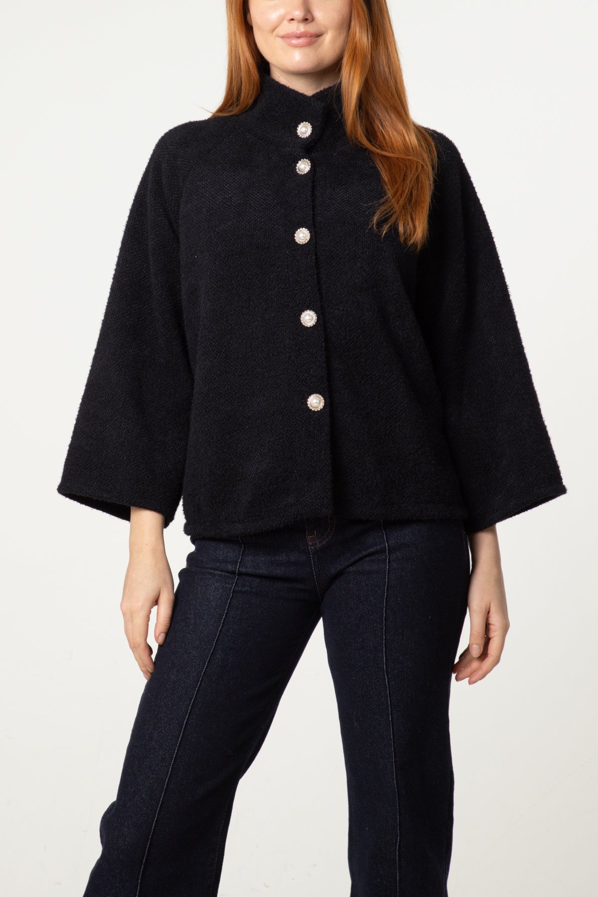 Pearl Button Funnel Neck Knit Cardigan