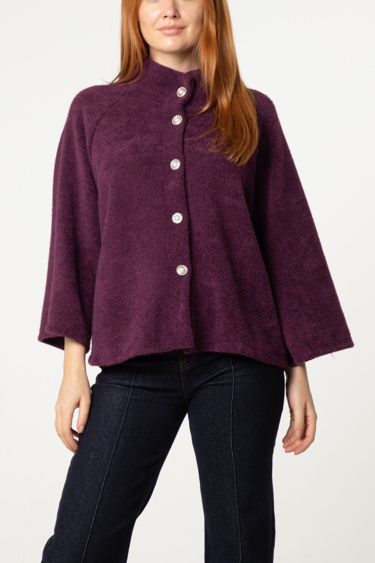 Pearl Button Funnel Neck Knit Cardigan