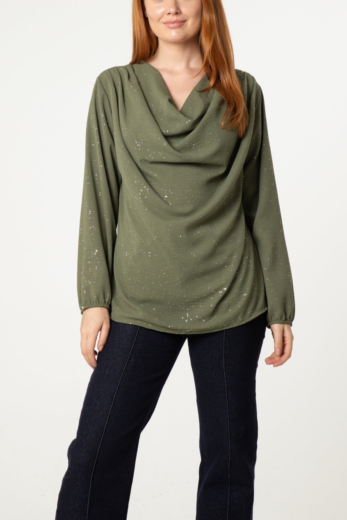 Metallic Glitter Cowl Neck Blouse