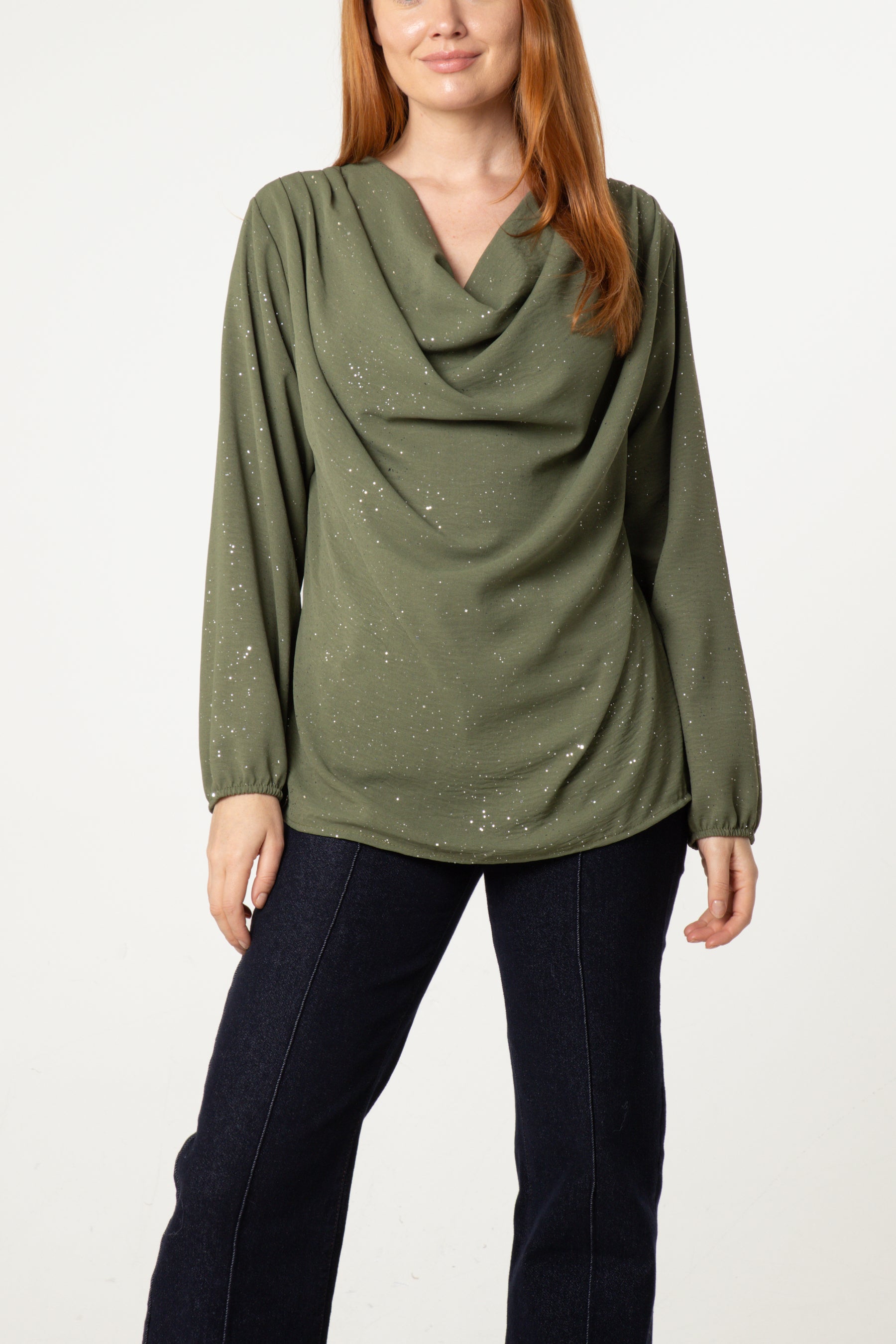Metallic Glitter Cowl Neck Blouse