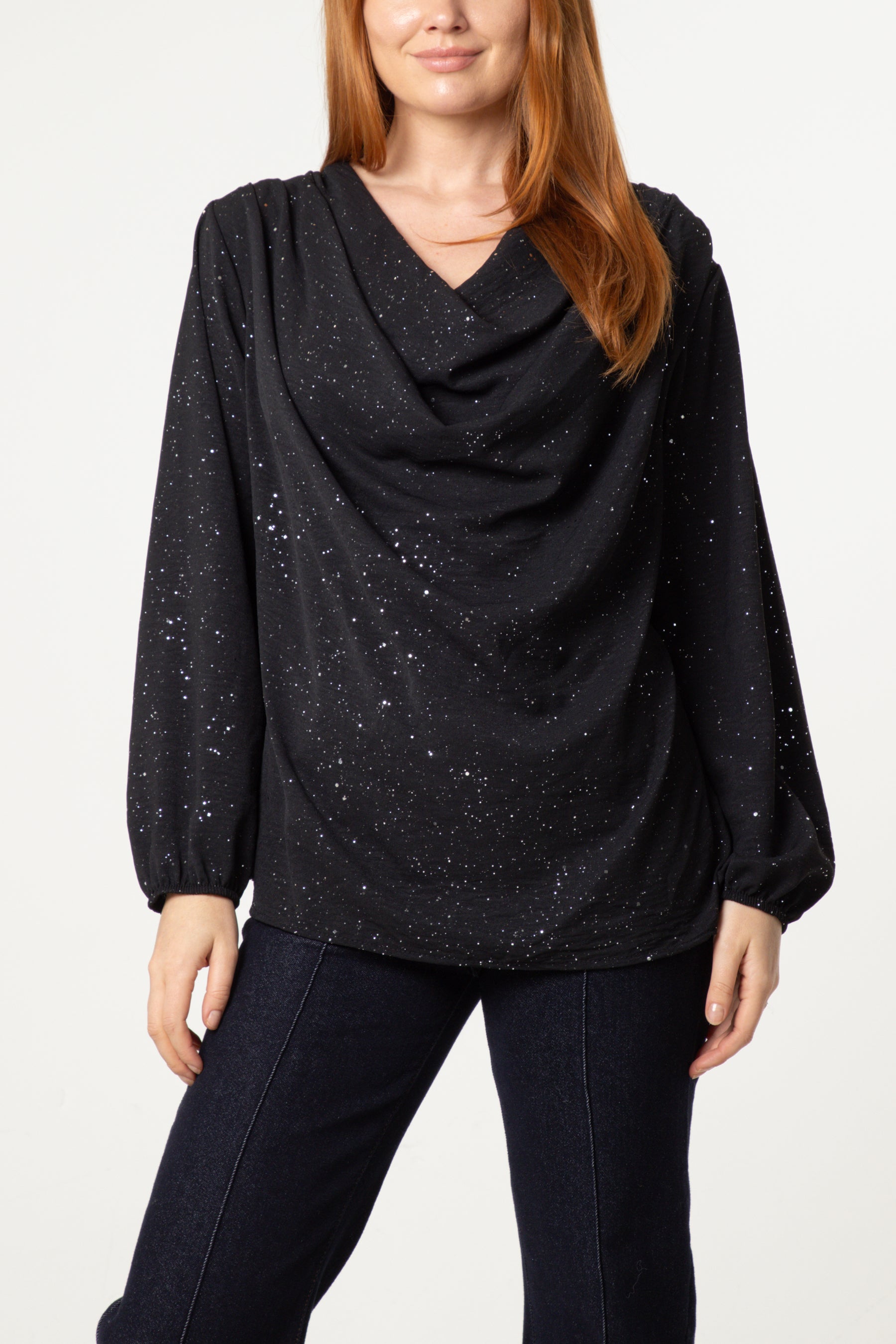 Metallic Glitter Cowl Neck Blouse
