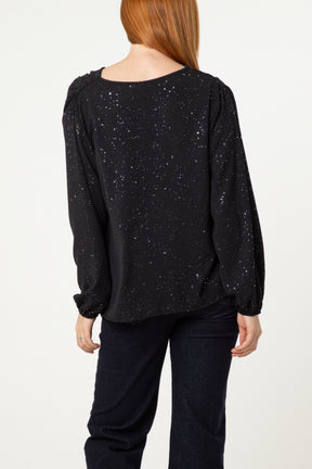 Metallic Glitter Cowl Neck Blouse